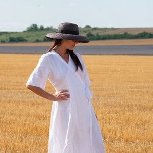White Cottage Core Dress with Pockets, Linen Prairie Dress, Romantic Wrap Dress VERONA -  DR0947LE *