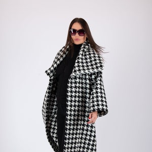 Women Houndstooth Coat, Wool Winter Coat for Women, Long Cape Coat, Wool Overcoat, Black And White Coat, Plus Size Coat OFELIA - VE0508WK