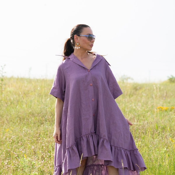 Purple Linen Shirt Dress, Flounce Linen Short Dress, Loose Lavender Linen Maternity Dress, Purple Cottagecore Dress VALERIA - DR1017LE *