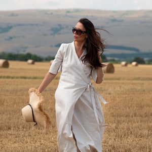 Romantic Wrap Linen Dress, White Summer Dress with Pockets, Linen Casual Dress VERONA - DR0947LE *