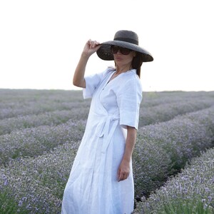 White Cottage Core Dress with Pockets, Romantic Wrap Linen Dress, Linen Prairie Dress, Dress VERONA - DR0947LE *
