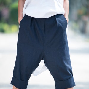 Navy Linen Pants for Women, Linen Pants Knee Length, Casual Drop Crotch Linen Pants, Summer Short Linen Pants SESIL - PA0473LE