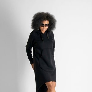 Hooded Sweatshirt Dress, Women’s Hoodie Dress, Plus Size Black Hooded Long Sweatshirt Dress TAYLOR - DR0880W3