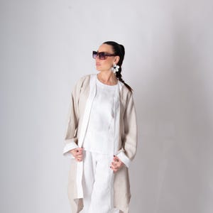 White Women Co Ord Set, 3-Piece Linen Summer Set, Full Sleeve Set with Top & Elastic Pants with Pockets, linen Outfit GENOA - SE1112LE