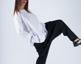 Black Cotton Harem Pants, Drop Crotch Maxi Trousers Kony