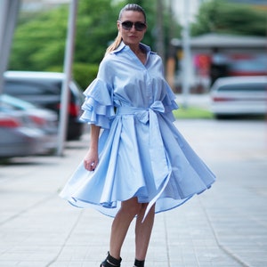 Plus Size Cotton Shirt Dress, Ruffle Sleeves, Belted Tunic Kami
