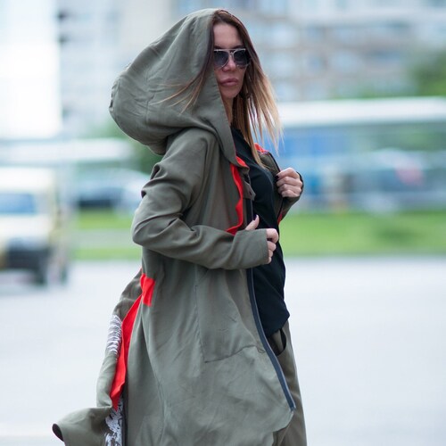 Women Jacket, Hooded Jacket, Hooded Plus Size Clothing, Zipper Jacket, Lightweight Jacket, Asymmetric Jacket VE0704CV