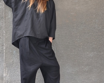 Black Linen Two Piece Outfit, Wide Leg Pants Set, Womens Pant Suit, Summer Linen Set CHERRY - SE0686LE *