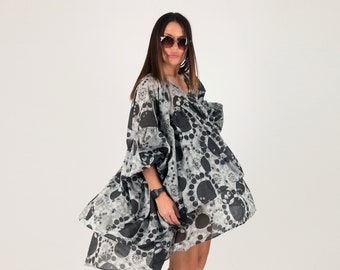 Women Summer Linen Dress, Short Tunic Dress, Loose Plus-Size Kaftan Dress. Wide Sleeves Flounce Dress, Mothers Day Gift FRANY - TU0425CT