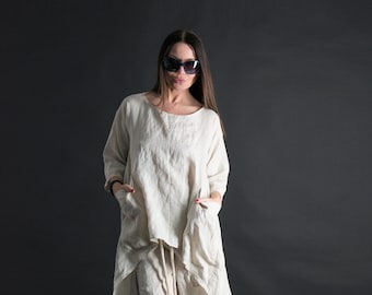 Linen Tunic For Women, Linen Set Women, Plus Size Linen Top, Boho Tunic Top, Asymmetric Tunic, Long Sleeves Blouse Set SABRINA - TP0613LE