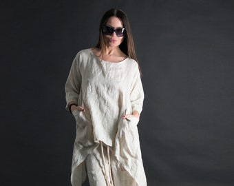 Women Two Piece Set, Women Linen Dress Set, Comfortable Wide Leg Pants, Summer Tunic, Stylish Summer Dress Set for Women AMANDA - SE0261LE