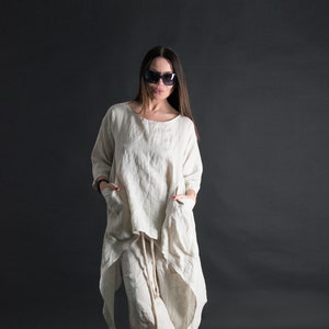 Women Two Piece Set, Women Linen Dress Set, Comfortable Wide Leg Pants, Summer Tunic, Stylish Summer Dress Set for Women AMANDA - SE0261LE