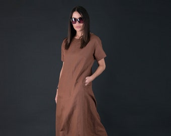 Langes Leinen Kleid, Leinen Sommerkleid, Kurzarm Leinen Kleid mit Taschen RENEE - DR0390LE