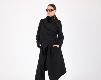 Asymmetrical Wool Trench Coat, Black Winter Fashion, Plus Size