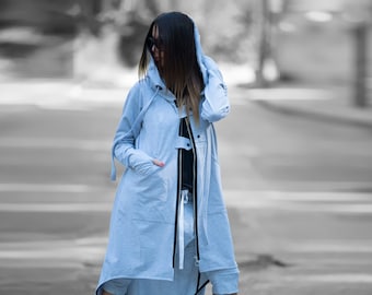 Long Hooded Cotton Sweatshirt, Zip Up Duster Coat, Women's VE0700W2