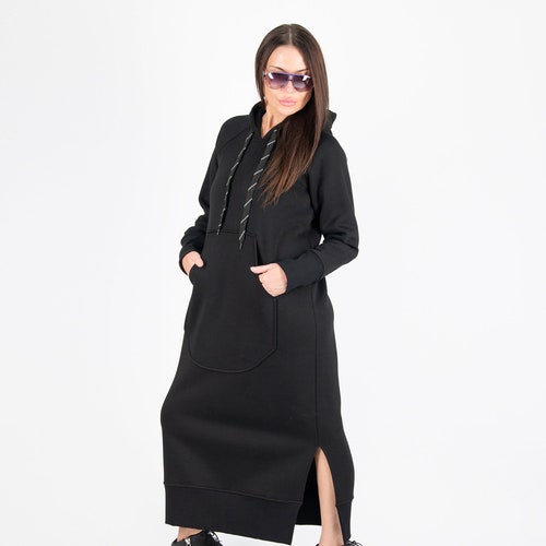Long shops Sweatshirt Dress, Winter Hooded Dress, Black Maxi Dress, Warm Winter Hooded Dress, Hooded Sweater Dress SUZANA - DR0960W3