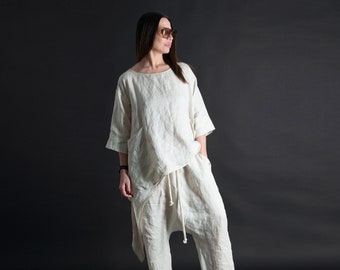 Two Piece Linen Set, Loose linen Top and Pants, Natural Linen Shirt, Wide linen pants, Loose Linen Top ALEXA - SE0694LE