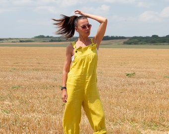 Yellow Wide Leg Jumpsuit, Linen Women Romper, Jumpsuit Women Casual, Summer Women's Overalls ROME- JP0896LE *