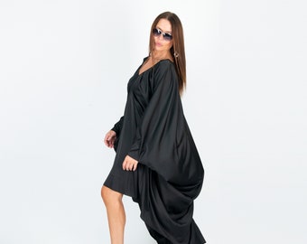 Robe longue queue de poisson noire, robe longue d'été, robe longue en mousseline de soie, robe de jour, caftan asymétrique noir, robe grande taille PREA - KA0333CHSA