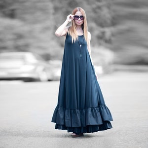 Black Cotton Viscose Maxi Dress, Sleeveless Bohemian Style, Jersey Dress Carmen