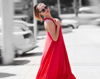 Red Maxi Dress, Red Maxi Dress, Women’s Day Wear Clothing, Plus Size Dress, Sleeveless Cotton Red Dress, Loose Dress CARMEN - DR0184TRCO