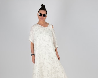 Two Pieces Loose Linen Dress, White Floral Linen Dress, Cute Summer Кaftan Dress, Simple Linen Dress LORY - DR0983LE *