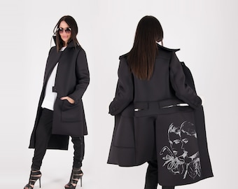 Black Neoprene Coat with Face Graphic, Avant Garde Fashion Coat Emma