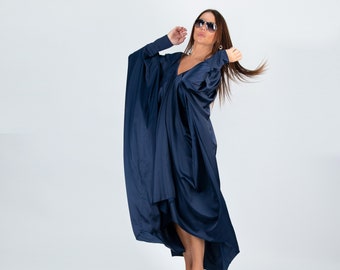 Dark Blue Chiffon Kaftan Dress, Asymmetrical V Neck, Plus Size