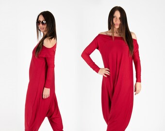 Womens jumpsuit, Red Cotton Jumpsuit, Red Maxi Loose Jumpsuit, Dark Red Drop Crotch Harem Pants by EUGfashion - JP0350TR