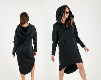 Abito lungo nero con cappuccio, abito felpa a maniche lunghe