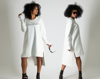 Off White Cotton Fleece Sweatshirt Dress, Knee Length with Pockets