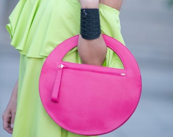 Pink Round Leather Bag for Women, Genuine Leather Clutch Bag, Extravagant Ladies Purse Bag BA0869LD