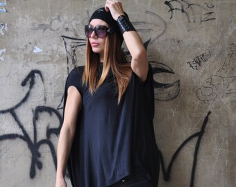 Plus Size Black Cotton Tunic, Asymmetrical Loose Maxi Top