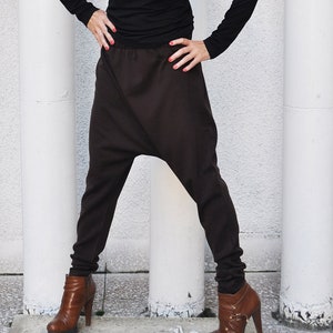 Loose Casual Brown Maxi Drop Crotch Harem Pants, Plus Size Harem Pants, Extravagant Drop Crotch, omen Harem Pants NATALIE - PA0739PM