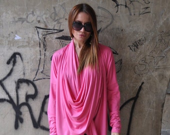Pink Asymmetrical Draped Top, Extra Long Sleeve Tunic, Plus Size Loose Dress, Casual Maxi Blоuse DAFNE- TP0492TR *