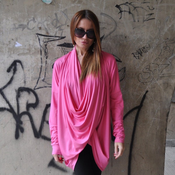 Pink Cotton Tunic Tops Womens, Extra Long Sleeve Blouse, Asymmetric Top, Plus Size Loose Dress, Maxi Top DAFNE- TP0492TR