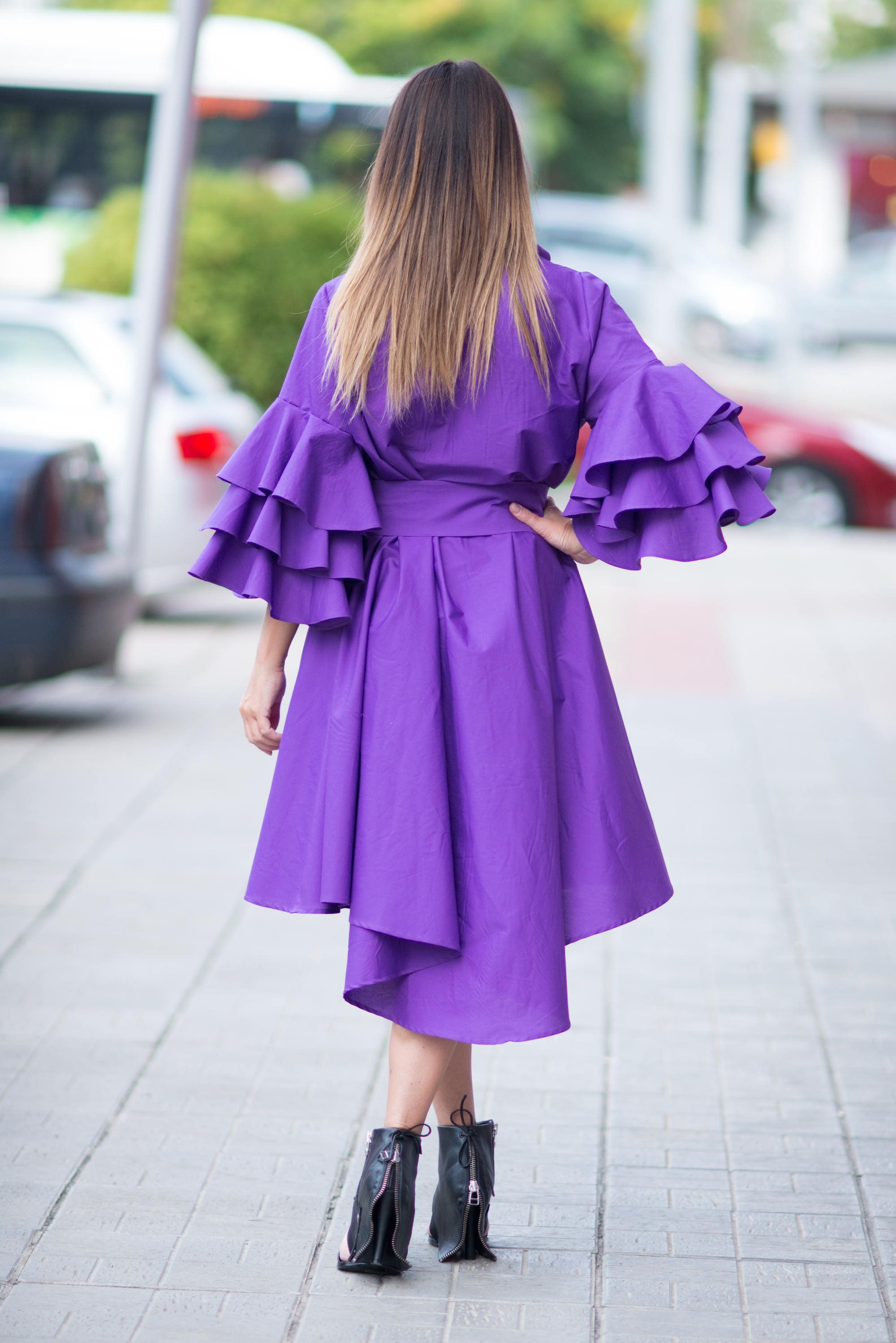 plus size purple dress with sleeves Design Formal Pleated Bell Sleeve High Waist V Neck Maxi Dresses(Ships 24h) adjustable waist and an A Cicinia Grape Mother Of The