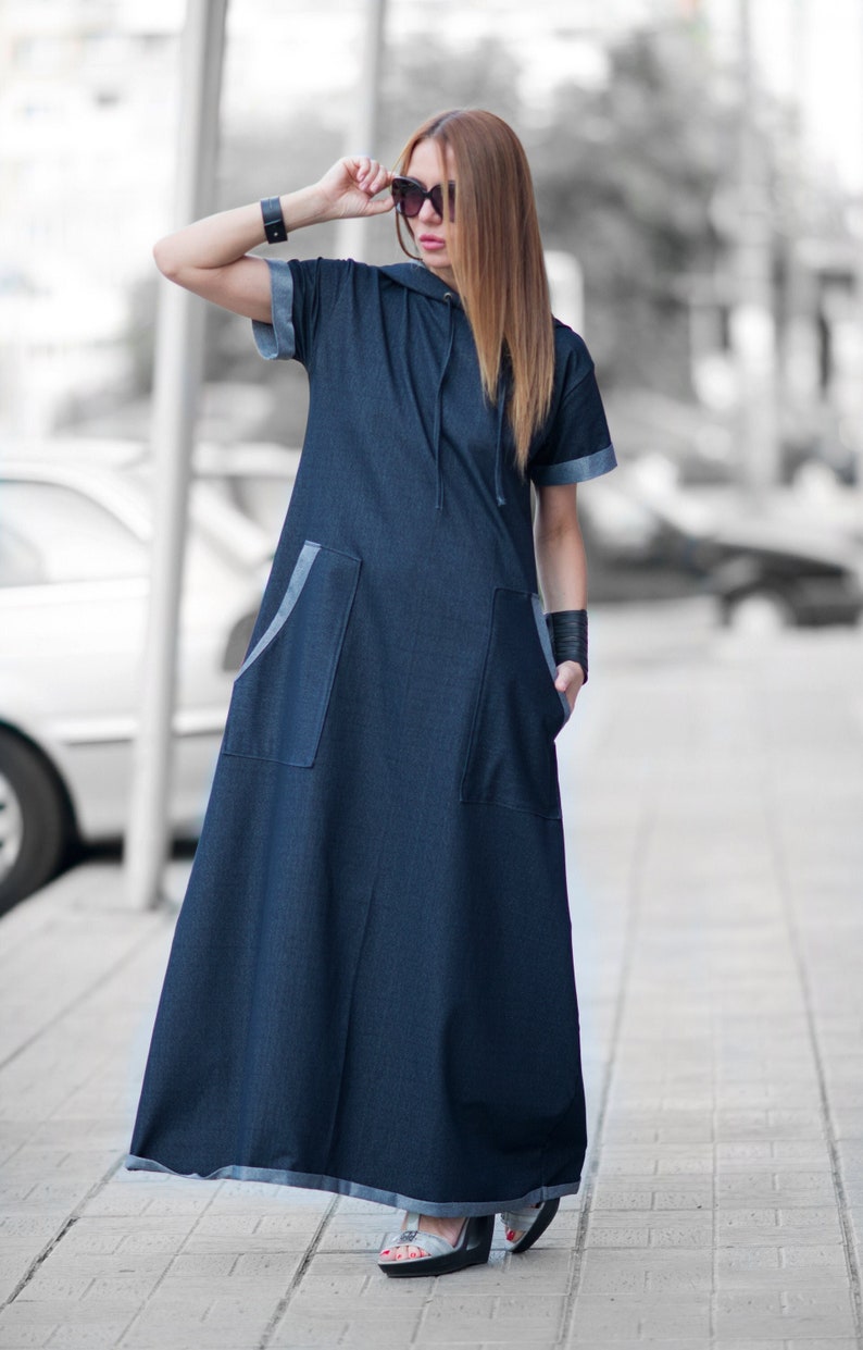 Urban casual Navy blue Denim cotton dress, Long Dress, Loose Casual Dress, Woman Cotton Dress KASANDRA DR0218W2 Blue