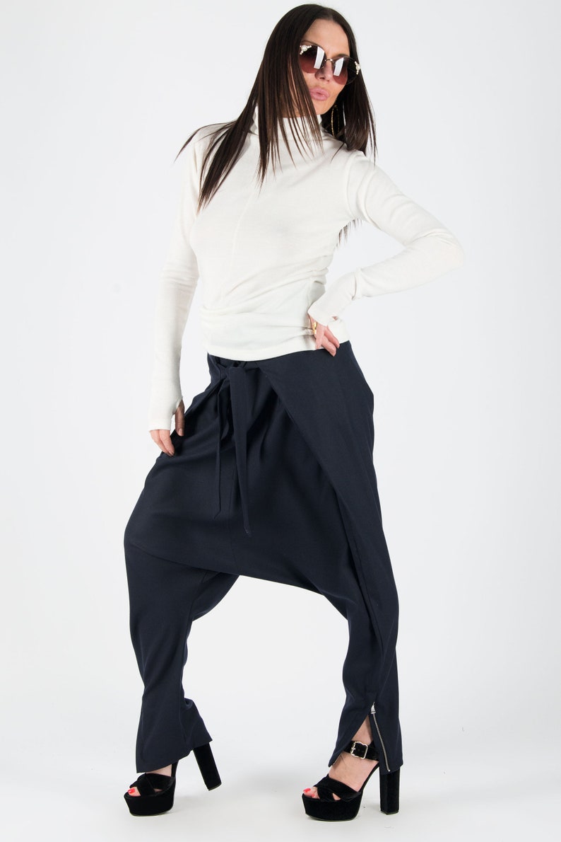 Loose Pants Navy Blue Harem Pants Wrap Pants Avant Garde Clothing Women Wool Pants Plus Size PA0524CW Drop Crotch Pants Urban Pants