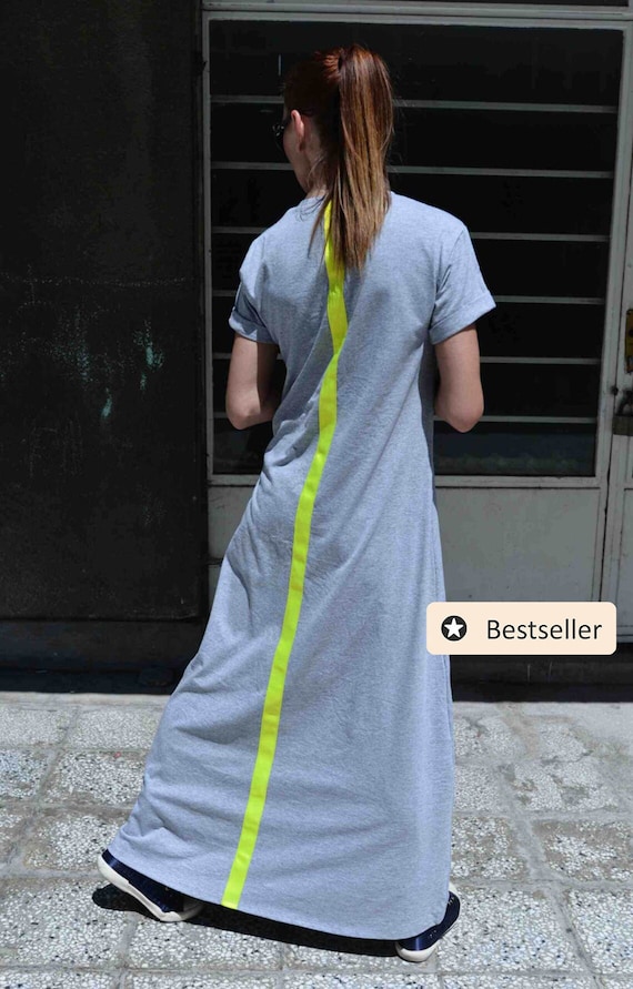 Grey Cotton Maxi Dress, Short Sleeve Summer Gown, Plus Size