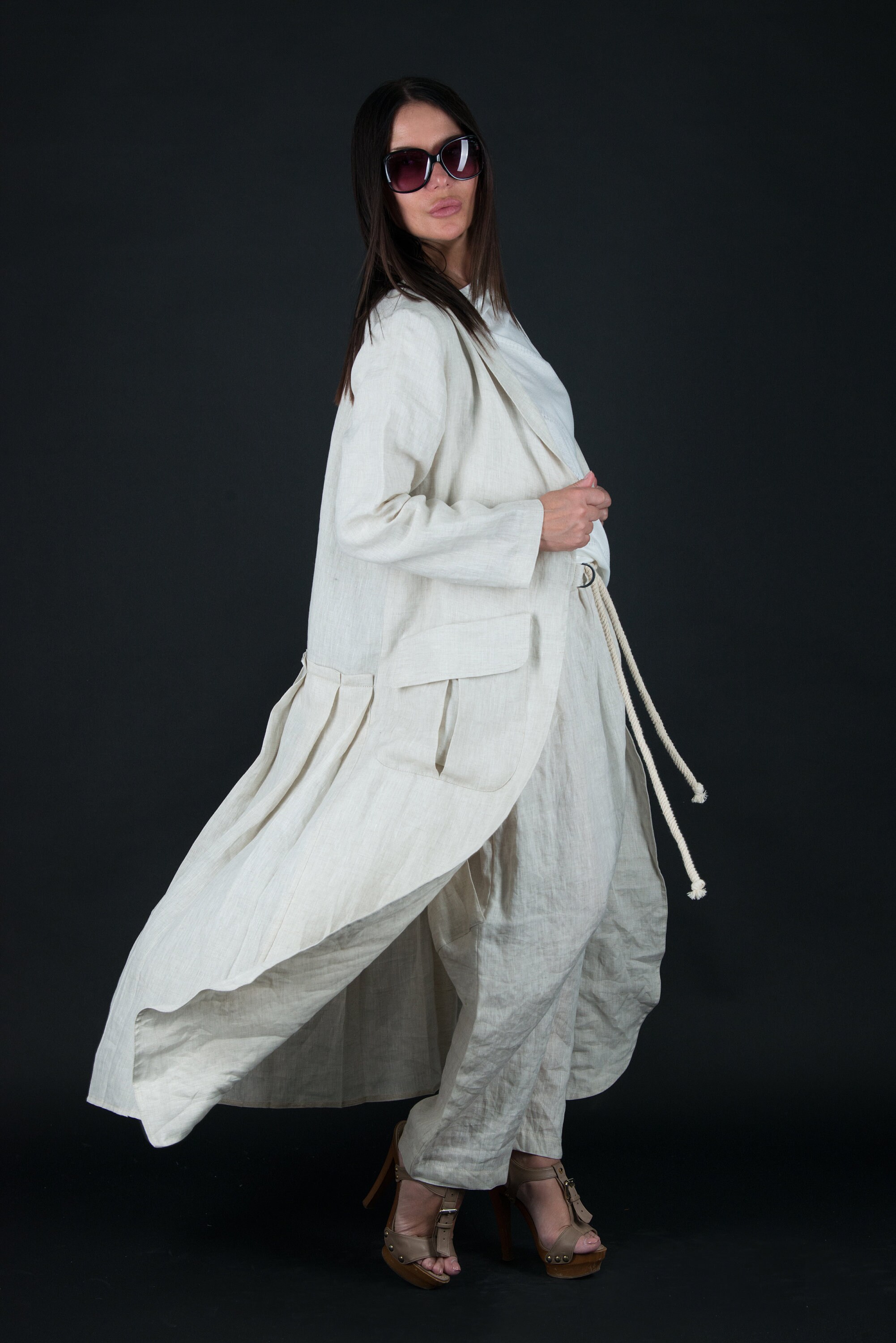 2025年最新海外 Linen Linen Color, Natural Vest Long Linen Vest, Women ジャケット・アウター