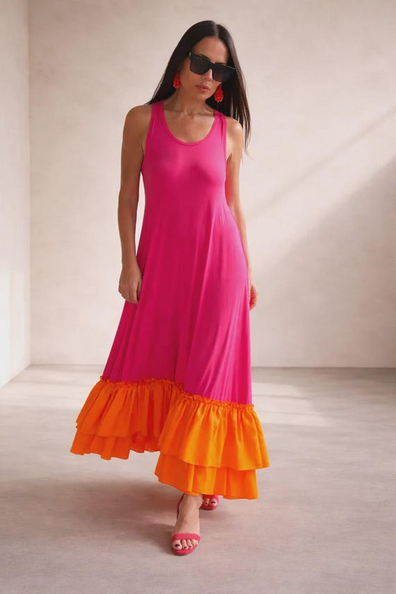 maxi dress sleeveless flowy Red Cotton Dress, Gown Carmen Summer maxi