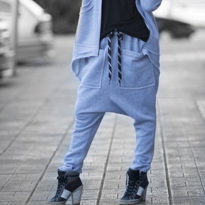 Harem Pants, Autumn Loose Casual Light Grey Drop Crotch Pants, Warm Extravagant Grey Pants, Grey pants MEGAN PA0758W3 Light Grey