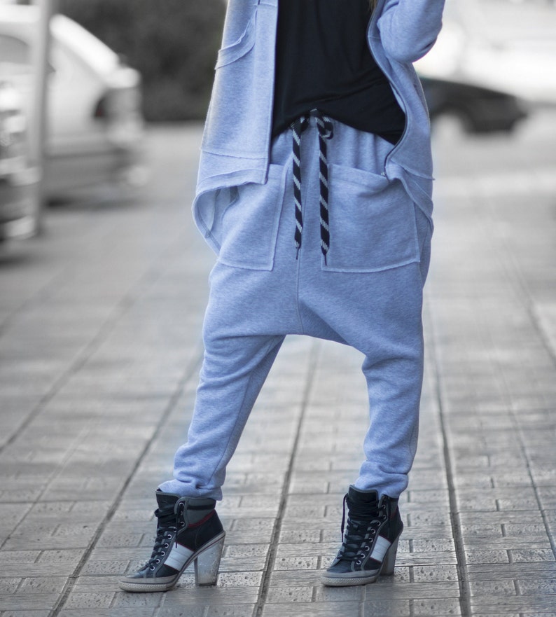 Harem Pants, Autumn Loose Casual Light Grey Drop Crotch Pants, Warm Extravagant Grey Pants, Grey pants MEGAN PA0758W3 Light Grey