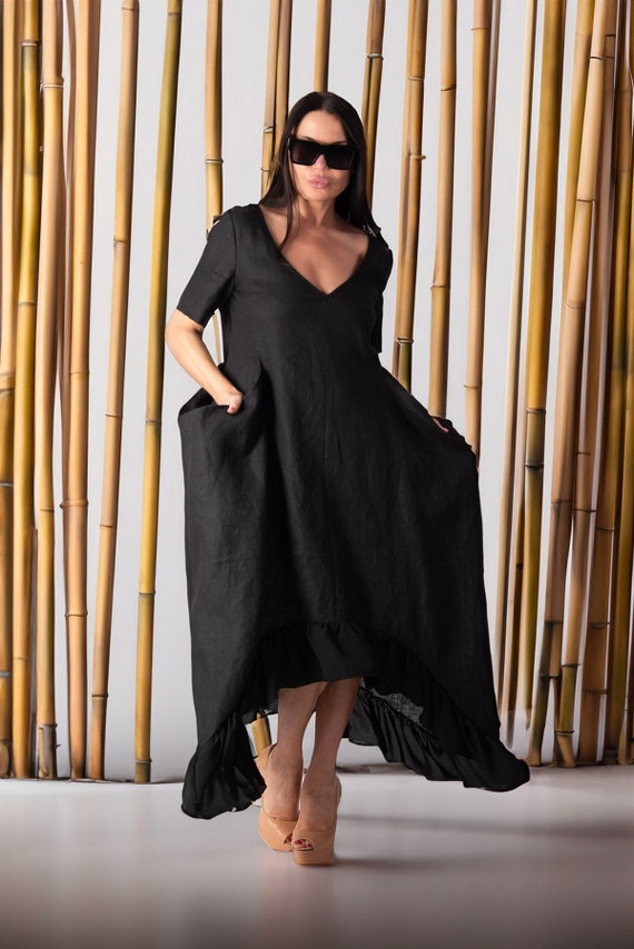 Asymmetrical Black Linen Dress, Short Sleeve Summer Dress