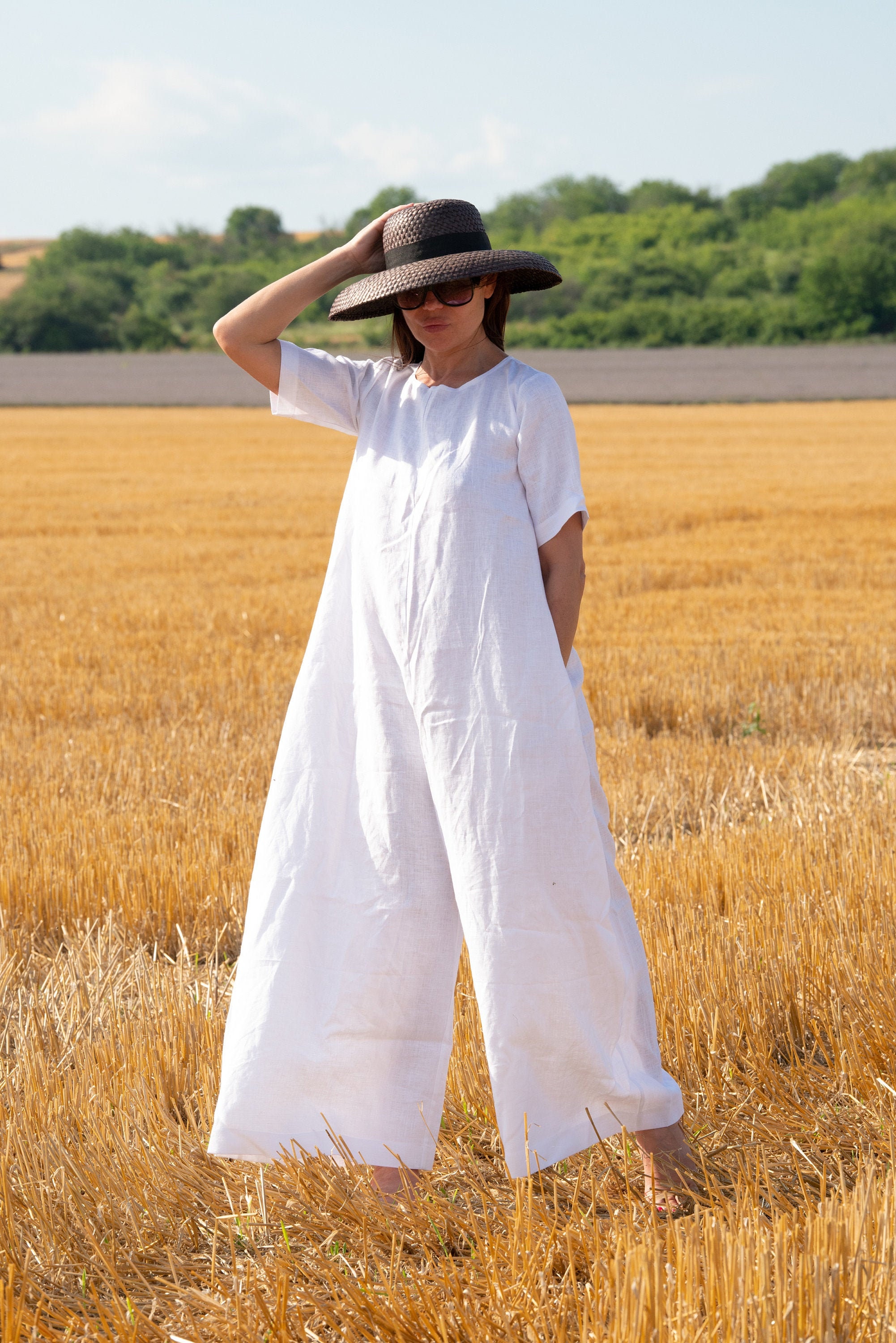 White Linen Look Drape Jumpsuit