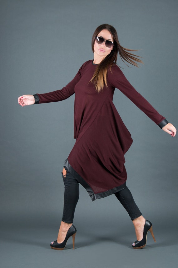 asymmetrical tunic dress Burgundy Asymmetric Tunic Dress, Turtleneck Fall Winter Clothing