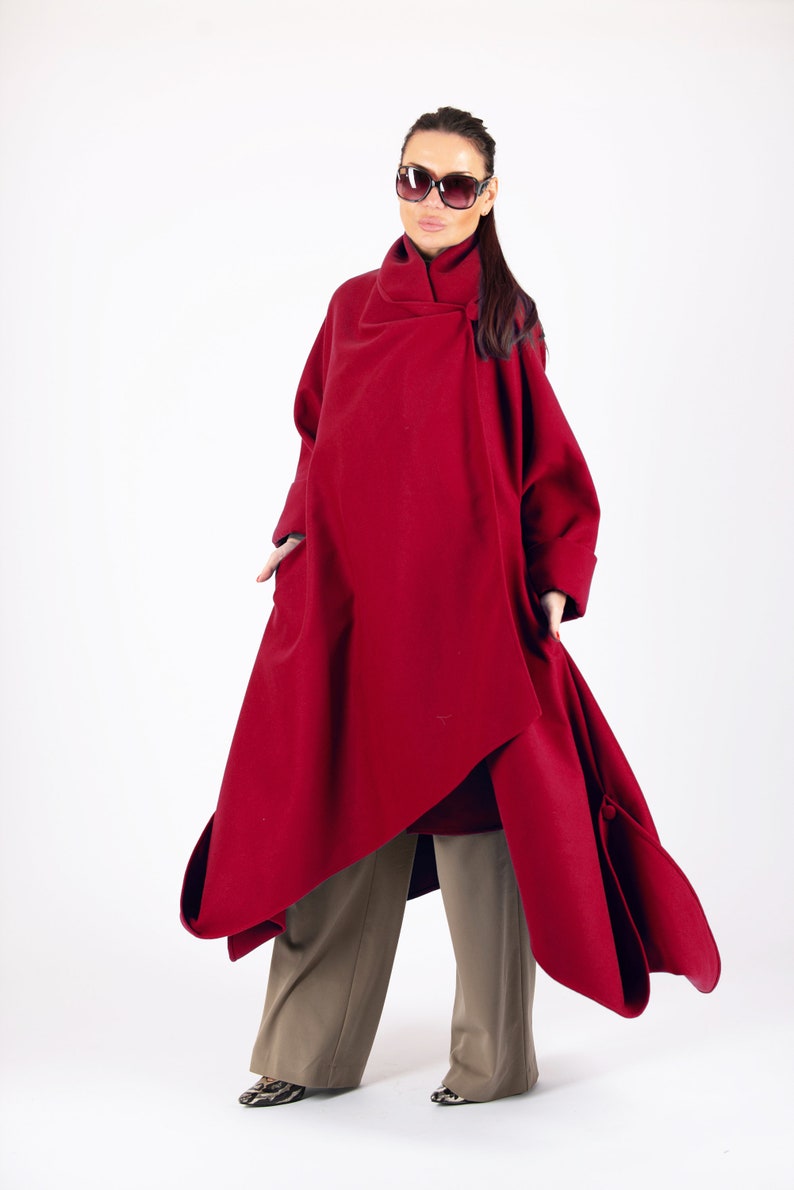 Wool Coat Women, Winter Coat, Cape Coat, Long Wool Coat, Plus Size Wool Coat, Asymmetric Coat, Warm Coat, Minimalist RENATA CT0001CA Red