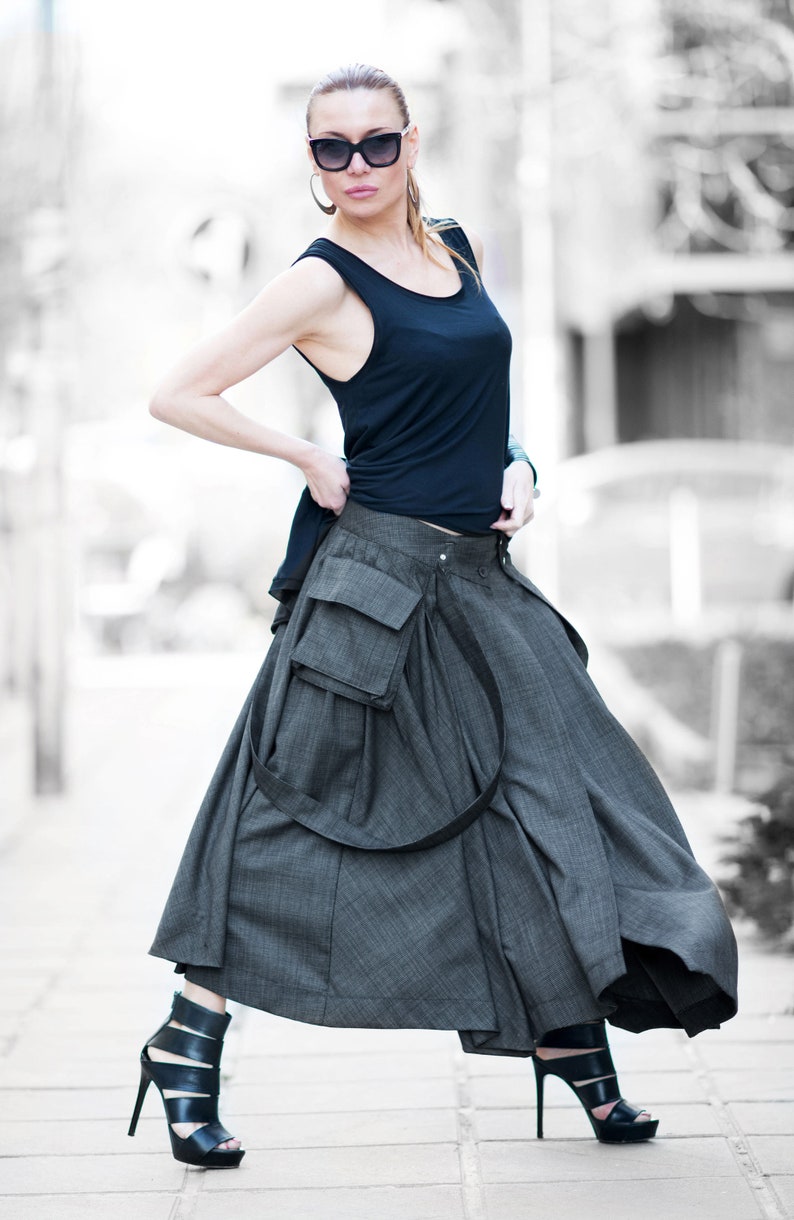 Steampunk Skirt, Women Winter Suspender Skirt with Pocket, Plus Size Steampunk Wool Oversized Skirt, Cyberpunk Skirt, ZEFIRA SK0623CW image 2