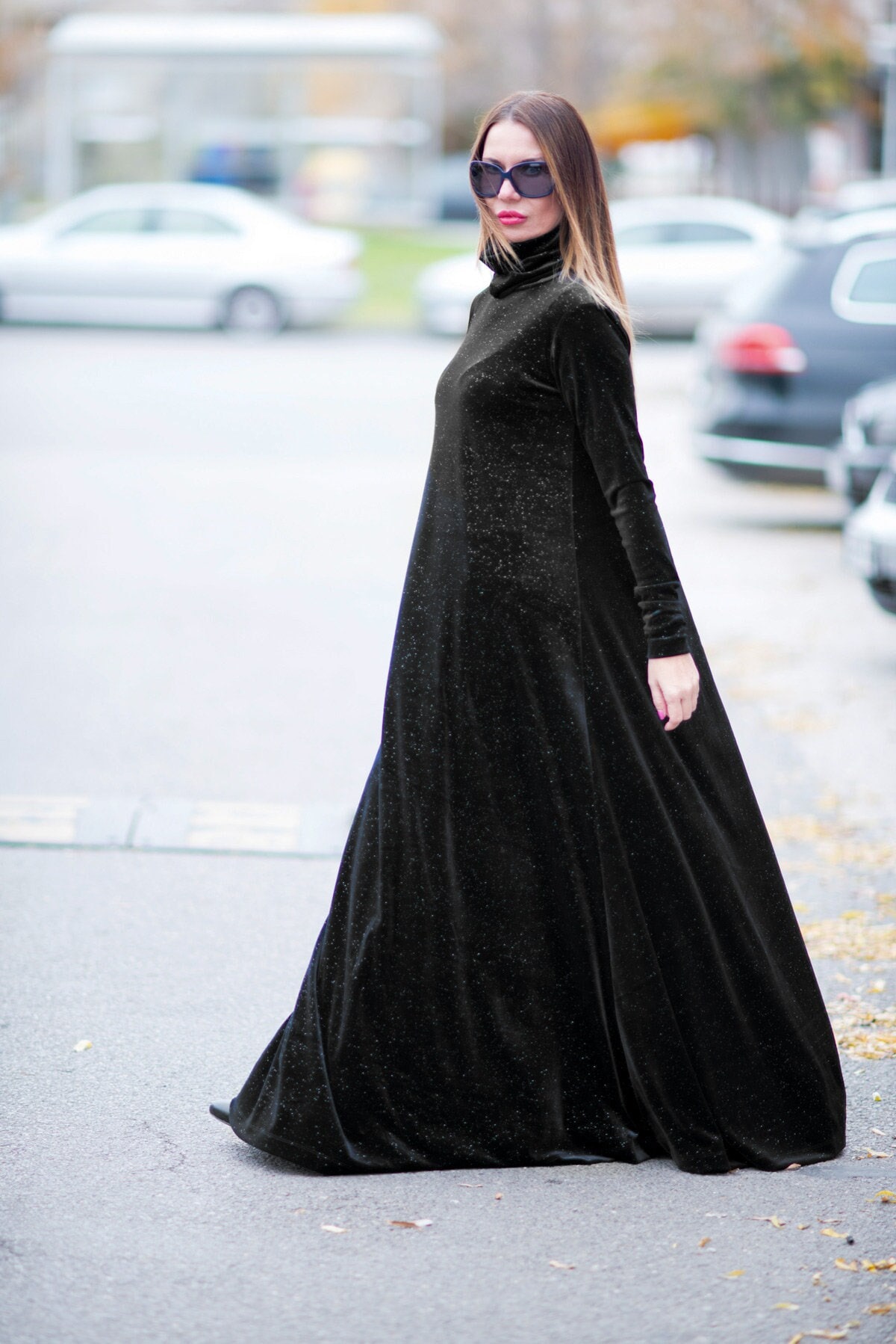Black Velvet Shiny Dress, Women Maxi Dress, Turtleneck Dress